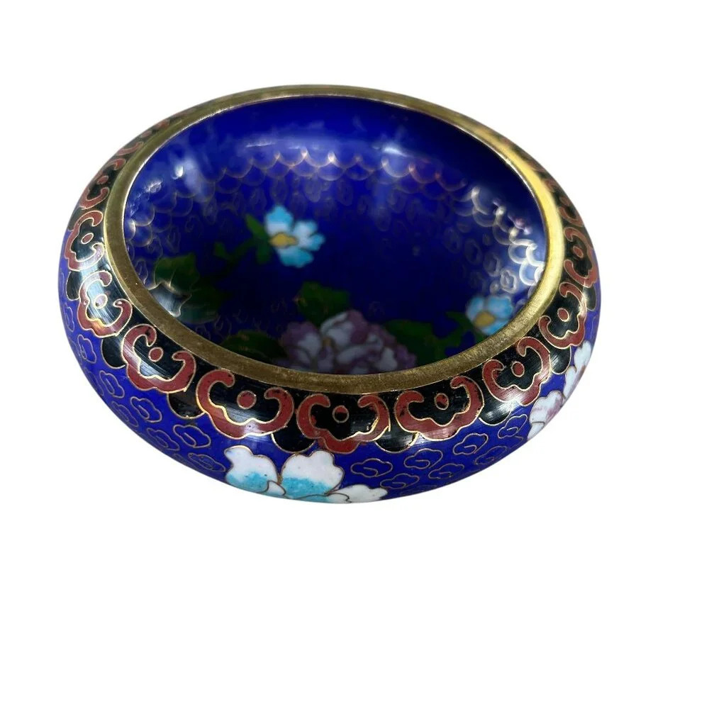 Vintage Chinese Cloisonne Blue Floral Open Small Bowl